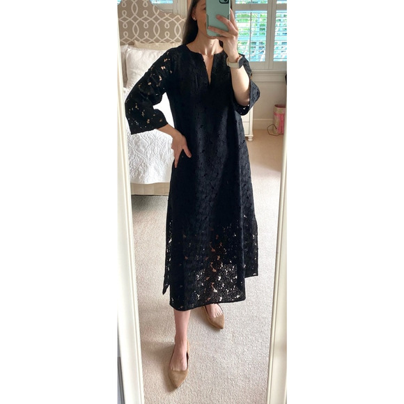 Tuckernuck Black V-Neck Floral Lace Eyelet Jamie Midi Caftan Shift Dress X-Small - Picture 7 of 14